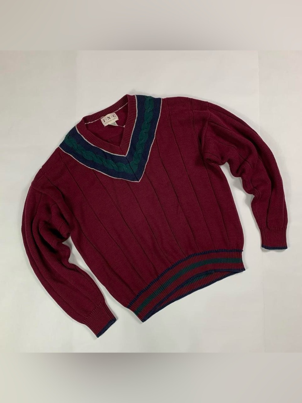 Vintage INC International Concepts Cricket Sweater Burgundy V-Neck Cable Knit Ac